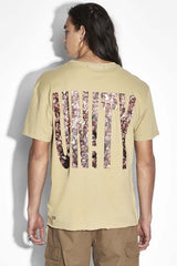Ksubi Crowded Biggie Tee in khaki, worn by model, back view of the large Unity print