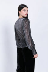 Sabina Musáyev Liya Top in black metallic, worn by model, back view