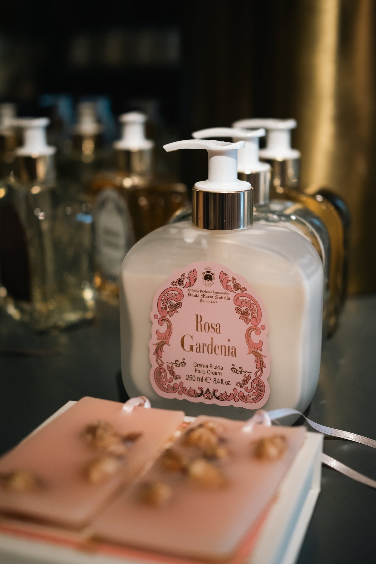 Santa Maria Novella on the marble shelf at Amelie & Frank's in Red Hill, jewellery resting alongside