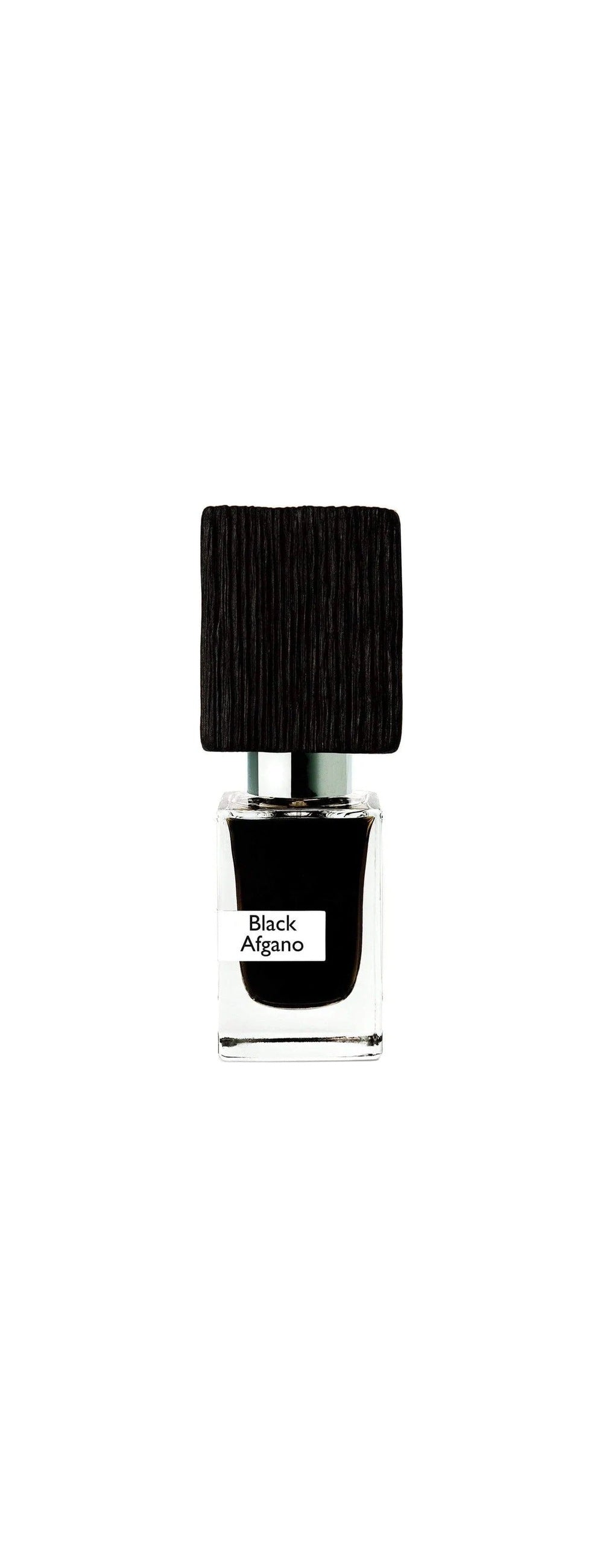 Nasomatto Black Afgano extrait de parfum, the cube bottle with its burnt oak cap