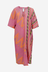 Devotion Twins Roubini Midi Dress in pink and orange, product view on a plain background