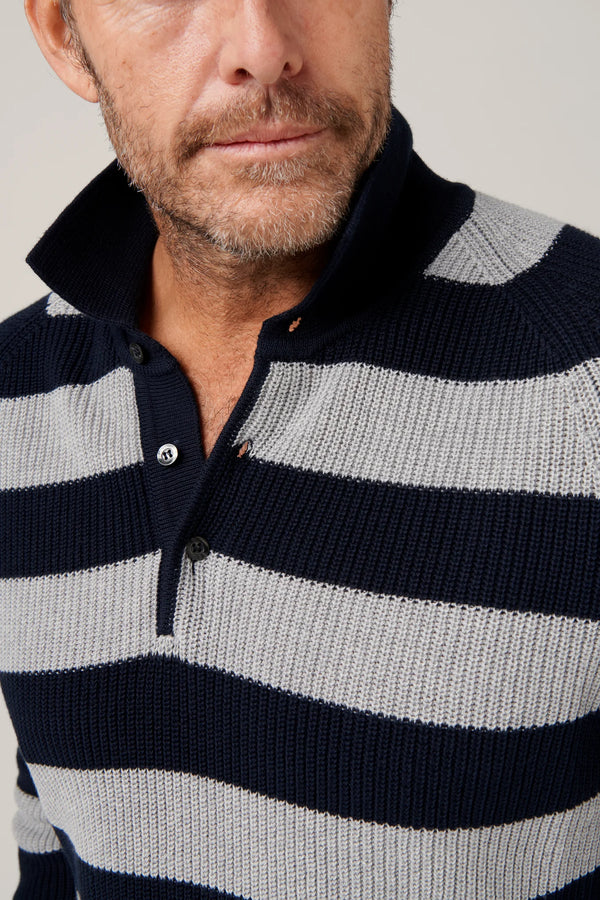 Christian Kimber Raglan Polo Stripes - Navy and Grey