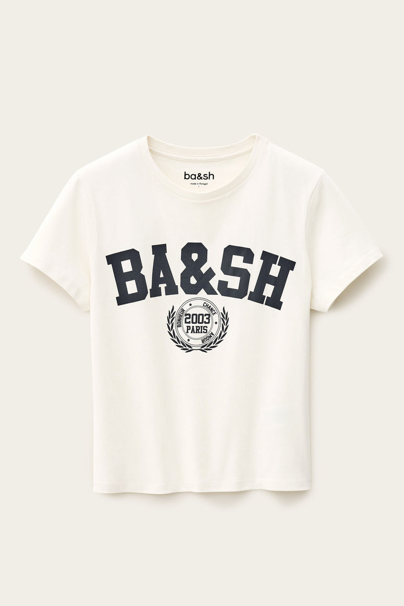ba&sh Ioni Tee in ecru with navy varsity print, flat packshot, front view