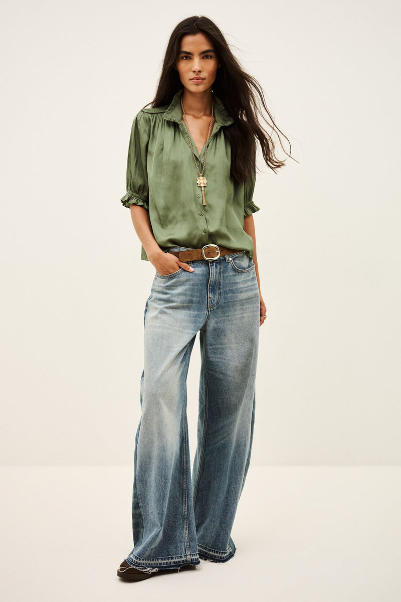 ba&sh Camila Shirt in khaki, worn by model with jeans, full length front view