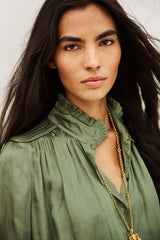ba&sh Camila Shirt in khaki, close view of the ruffled collar and smocked shoulders