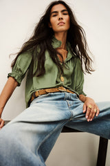 ba&sh Camila Shirt in khaki, worn by model, seated view