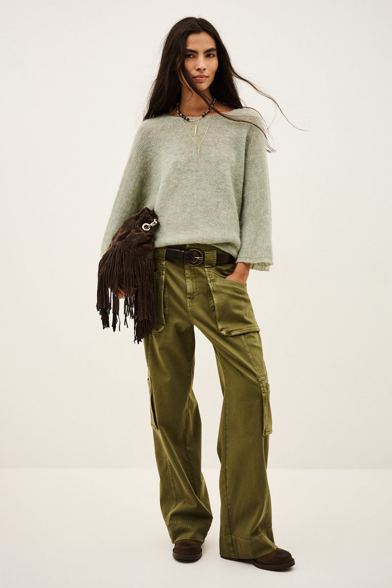 ba&sh Isaac Cardigan in amande, worn by model with cargo pants, full length front view