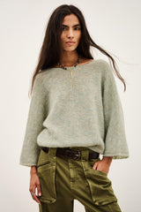 ba&sh Isaac Cardigan in amande, worn by model, waist-up front view