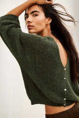 ba&sh Isaac Cardigan in khaki, worn with the buttons down the back
