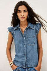 ba&sh Yoyo Shirt in blue jeans, worn by model, waist-up front view