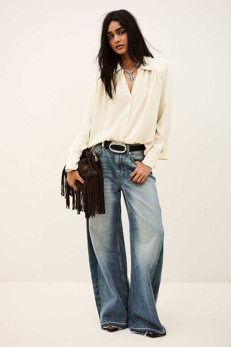 ba&sh Wilna Shirt in greige, worn by model with jeans, full length front view