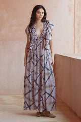 Mes Demoiselles Orma Dress, lavender and navy tie-dye maxi with ruffled V-neck, worn by model