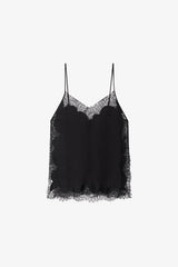 Black Barry silk camisole laid flat, lace along the neckline and hem