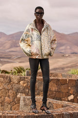 Mes Demoiselles Jerry Lurex Jacquard Quilted Jacket in multicolour, worn by model, full length outdoors