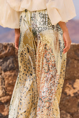 Mes Demoiselles Jump Lurex Jacquard Wide Pants, worn by model, close side view of the jacquard