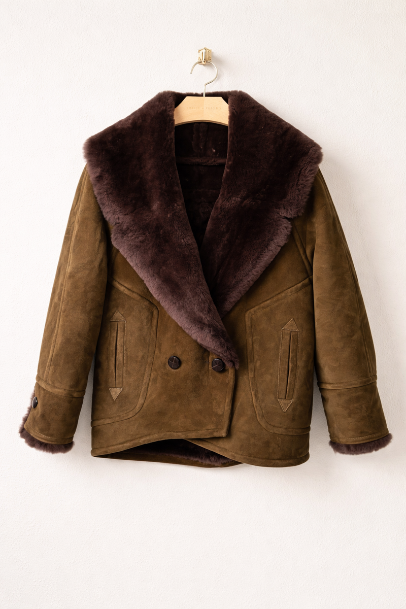 BA&SH Petro Jacket in khaki suede with faux fur collar, on a hanger, front view