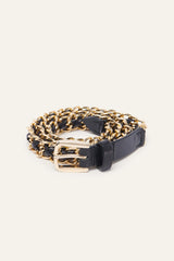 ba&sh Brooke Belt in black leather threaded through gold chain, coiled