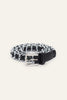 Black leather belt woven through silver chain with a square silver buckle, coiled