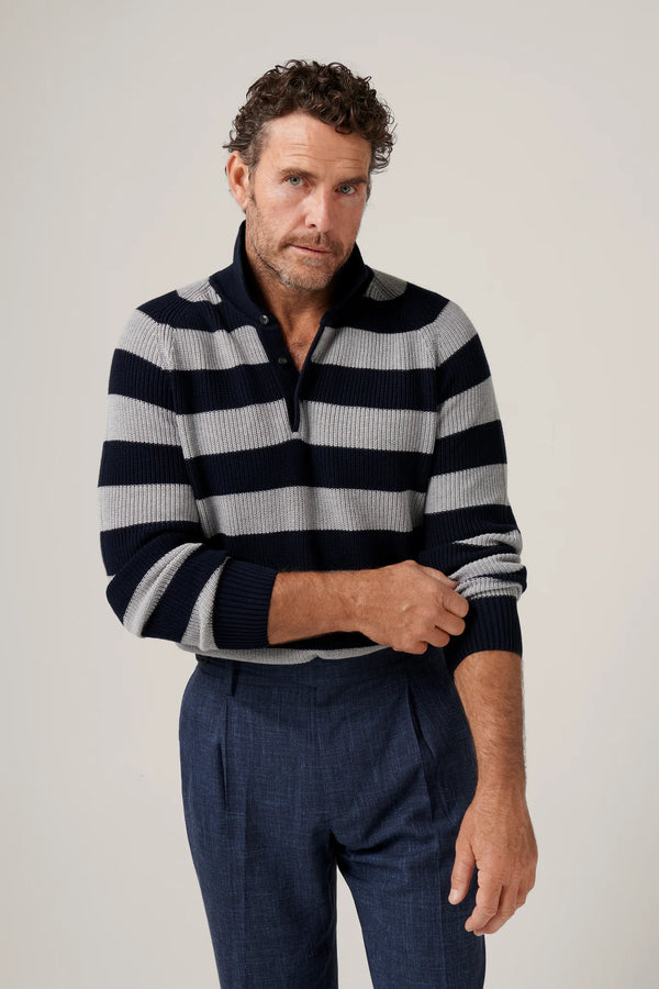 Christian Kimber Raglan Polo Stripes - Navy and Grey