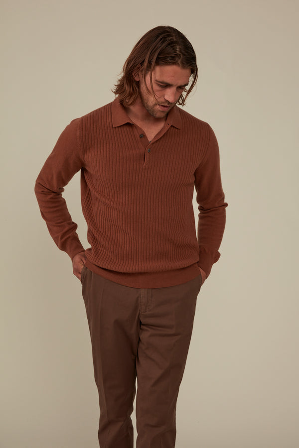 CHRISTIAN KIMBER Hampden Cashmere/Wool long sleeved polo , Ochre