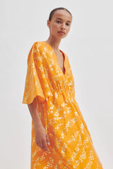 SECOND FEMALE Honesty V Neck Gold Print Dress - Apricot