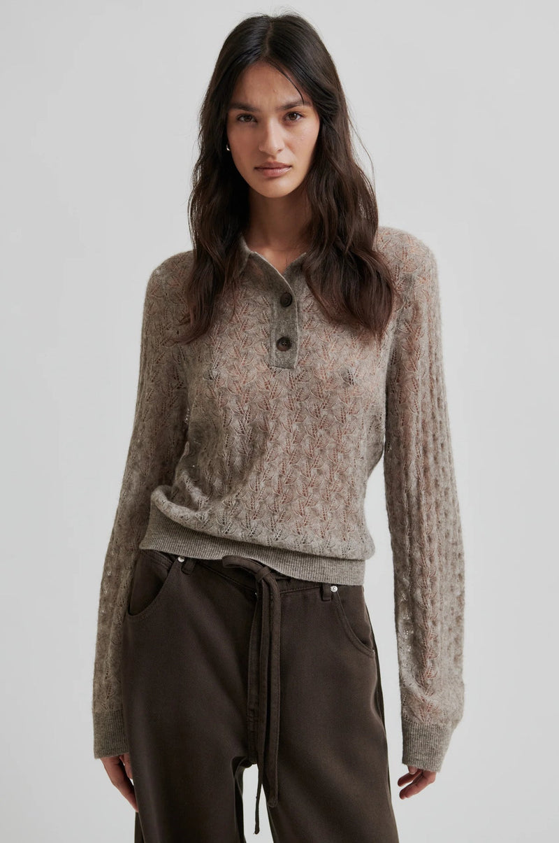 Second Female Vespa Knit Long Sleeve Polo in mid brown melange, worn by model, front view