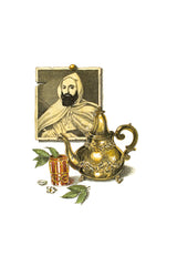 Trudon Abd El Kader Classic Candle 270g, engraved portrait illustration with teapot and mint leaves