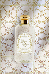 Santa Maria Novella Acqua della Regina Bath and Shower Gel on patterned tiles, styled still life