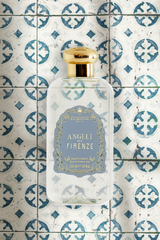 Santa Maria Novella Angeli di Firenze Bath and Shower Gel on blue patterned tiles, styled still life