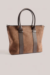 Chocolate Business Tote in suede with leather handles, front view