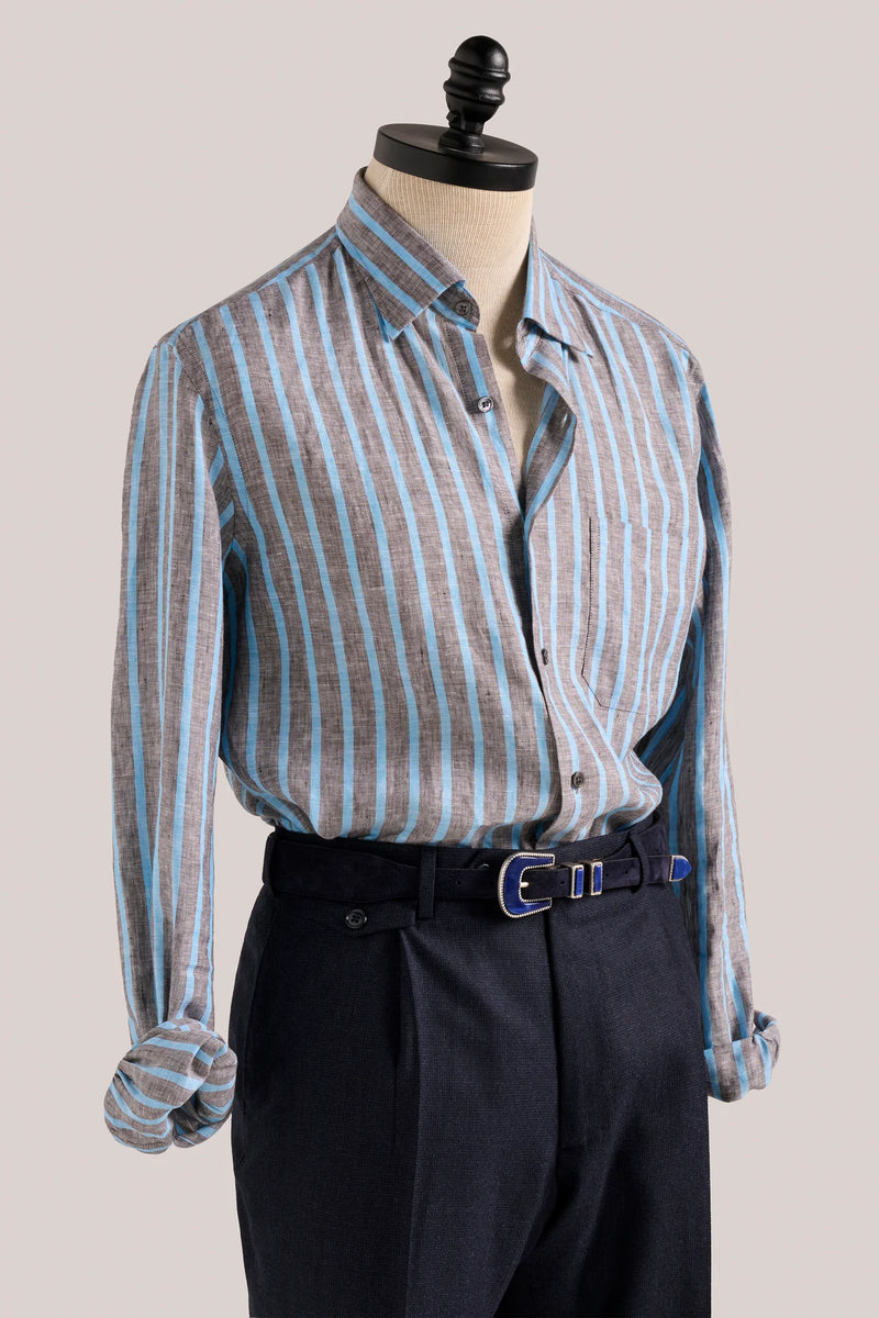 Christian Kimber Bronte Linen Shirt - Charcoal and Cyan