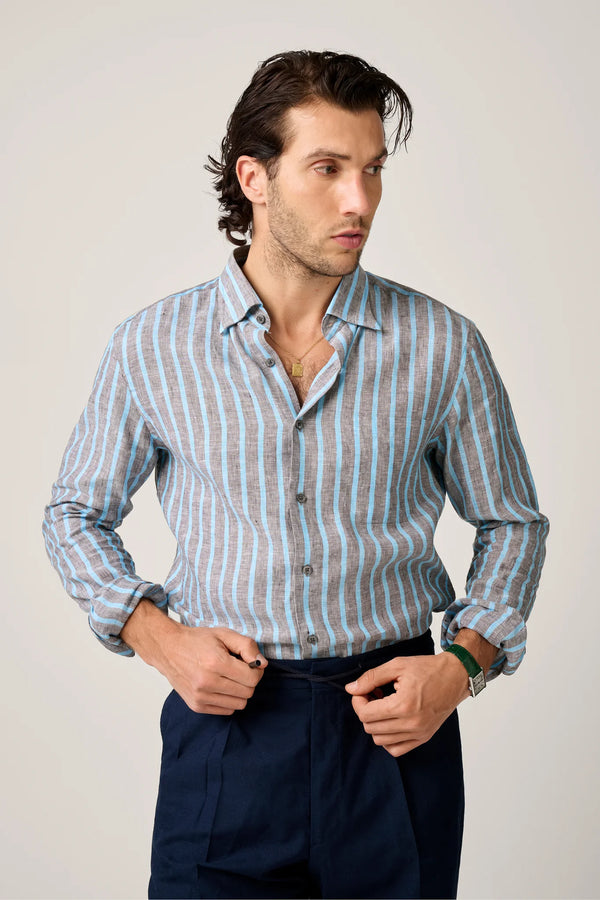 Christian Kimber Bronte Linen Shirt - Charcoal and Cyan