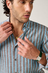 Christian Kimber Bronte Linen Shirt - Charcoal and Cyan