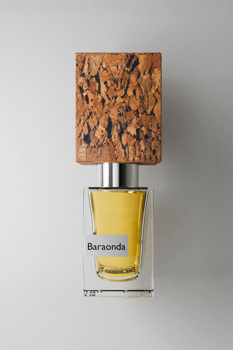 Nasomatto Baraonda extrait de parfum 30ml, golden juice under a speckled cork-effect cap, front view