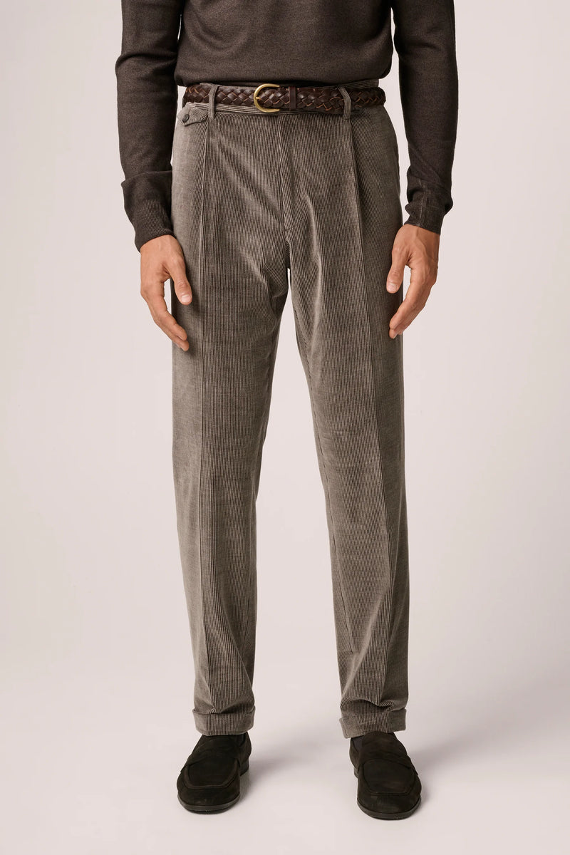 Christian Kimber Corduroy Trouser in vintage brown, worn by model with black loafers, front view