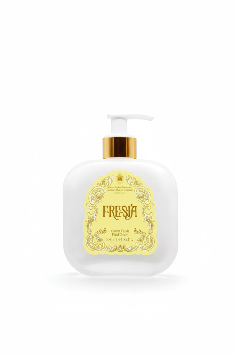 Santa Maria Novella Fresia Fluid Body Cream, pump bottle, studio shot