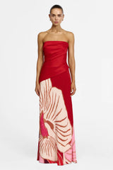 Acler Lingle Maxi Dress in rouge eclipse, strapless, worn by model, full length front view