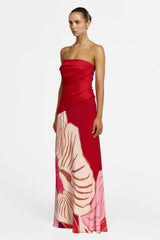 Acler Lingle Maxi Dress in rouge eclipse, worn by model, full length three-quarter view