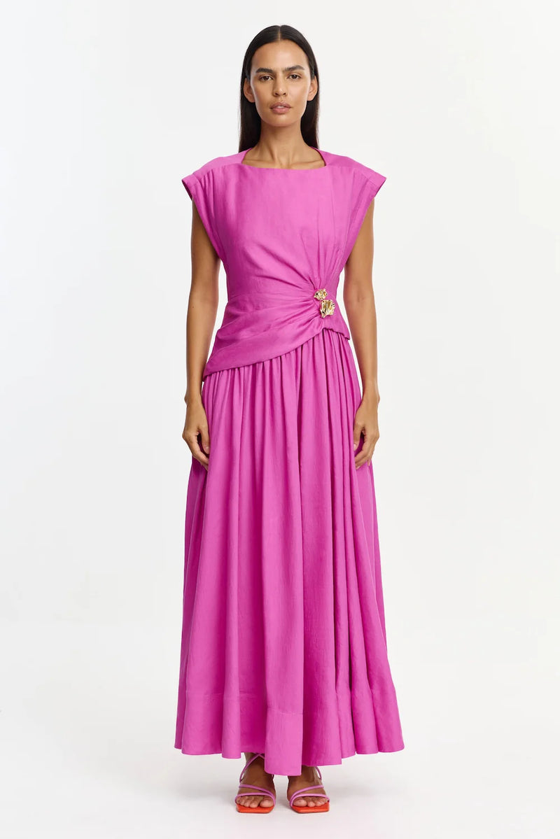 Acler Mannersly Maxi Dress in magenta, worn by model, full length front view