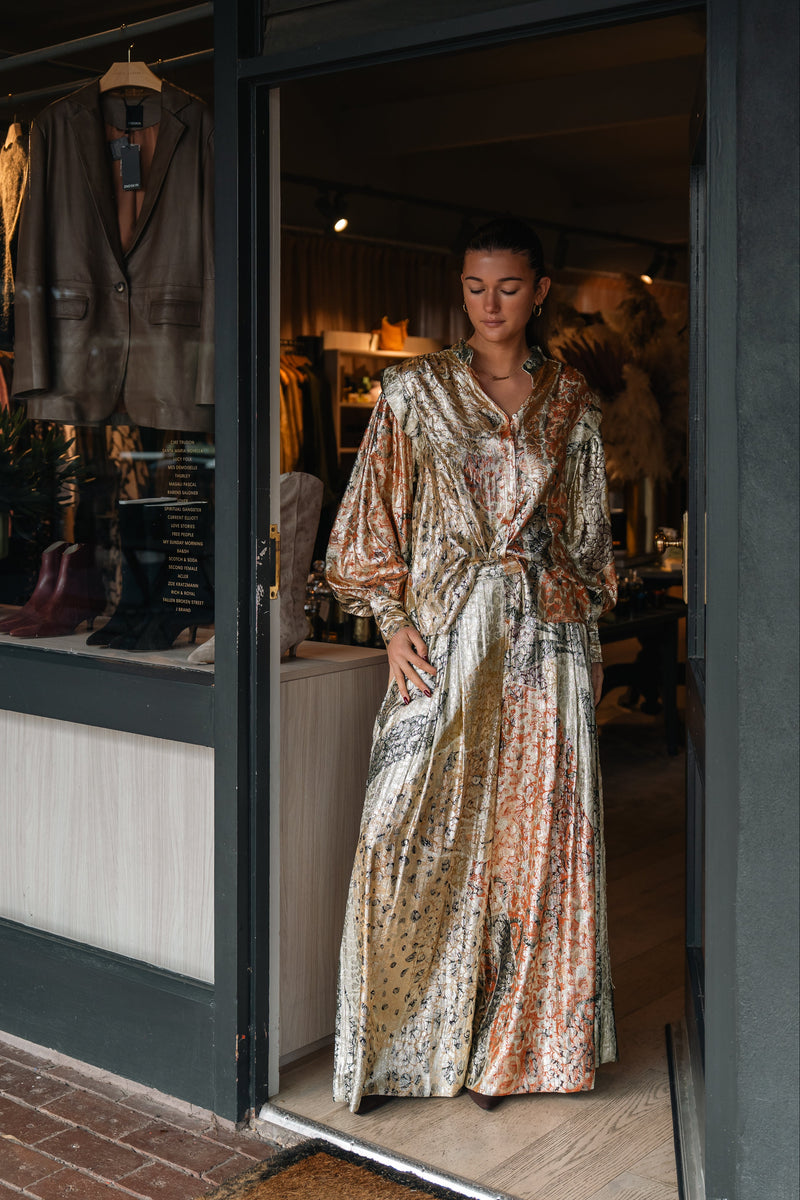 Mes Demoiselles Jump Lurex Jacquard Wide Pants, worn by model with matching blouse in the boutique doorway
