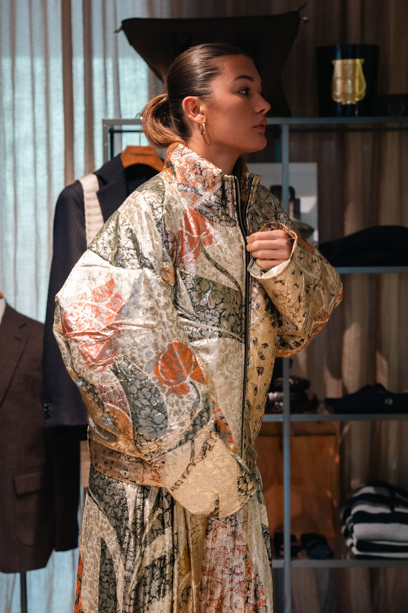 Mes Demoiselles Jerry Lurex Jacquard Quilted Jacket in multicolour, worn by model inside the boutique