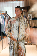 Mes Demoiselles Jerry Lurex Jacquard Quilted Jacket in multicolour, worn by model with matching pants