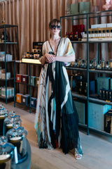 Mes Demoiselles Micasso Dress, black and ivory brushstroke print, worn by model inside the boutique