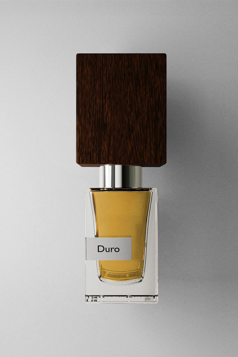 Nasomatto Duro extrait de parfum, amber juice under a dark woodgrain cap, front view