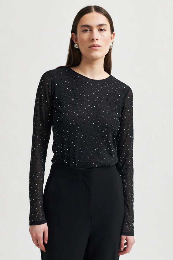 Second Female Edgy Embelished Mesh Tee,Black