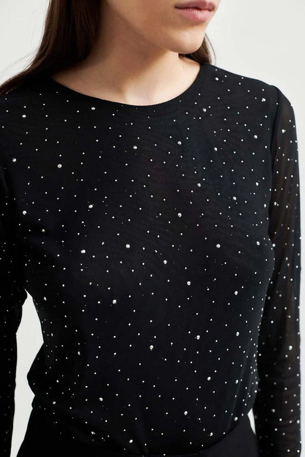 Second Female Edgy Embelished Mesh Tee,Black