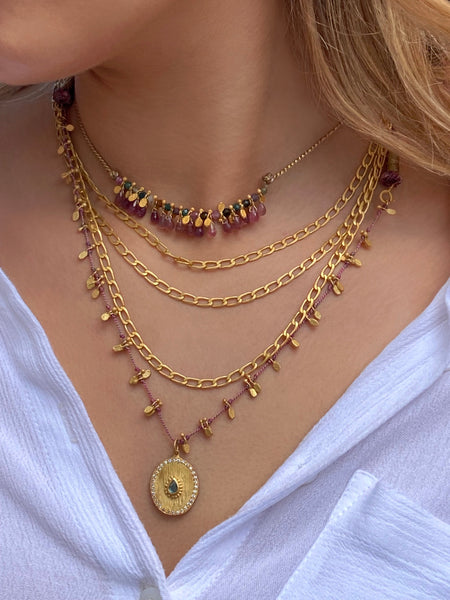 RUBYTEVA Labradorite pendant on pink string with gold charms