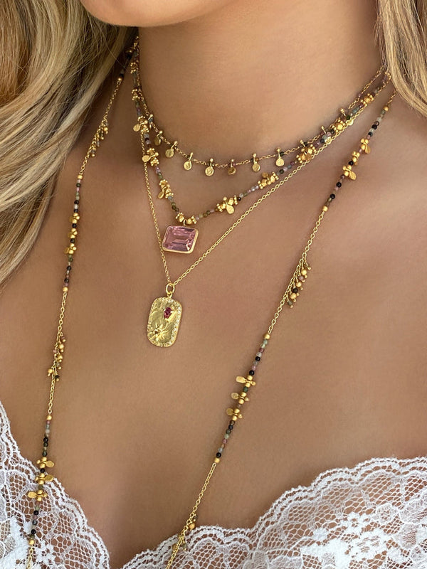 RUBYTEVA Long Gold Plate chain with Multi Tourmaline Beads & gold charms