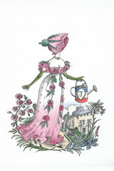 Trudon Josephine Classic Candle 270g, illustration of a rose-gowned figure with watering can before a château
