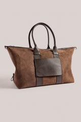 Chocolate Weekender bag in suede, front view